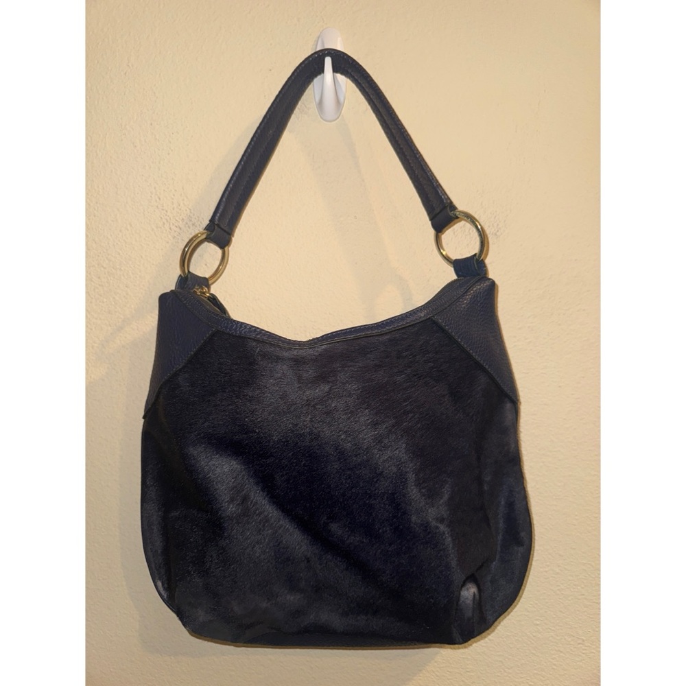 Margot Navy Pebble Leather and Calf Hair Shoulder Bag Gold Hardware